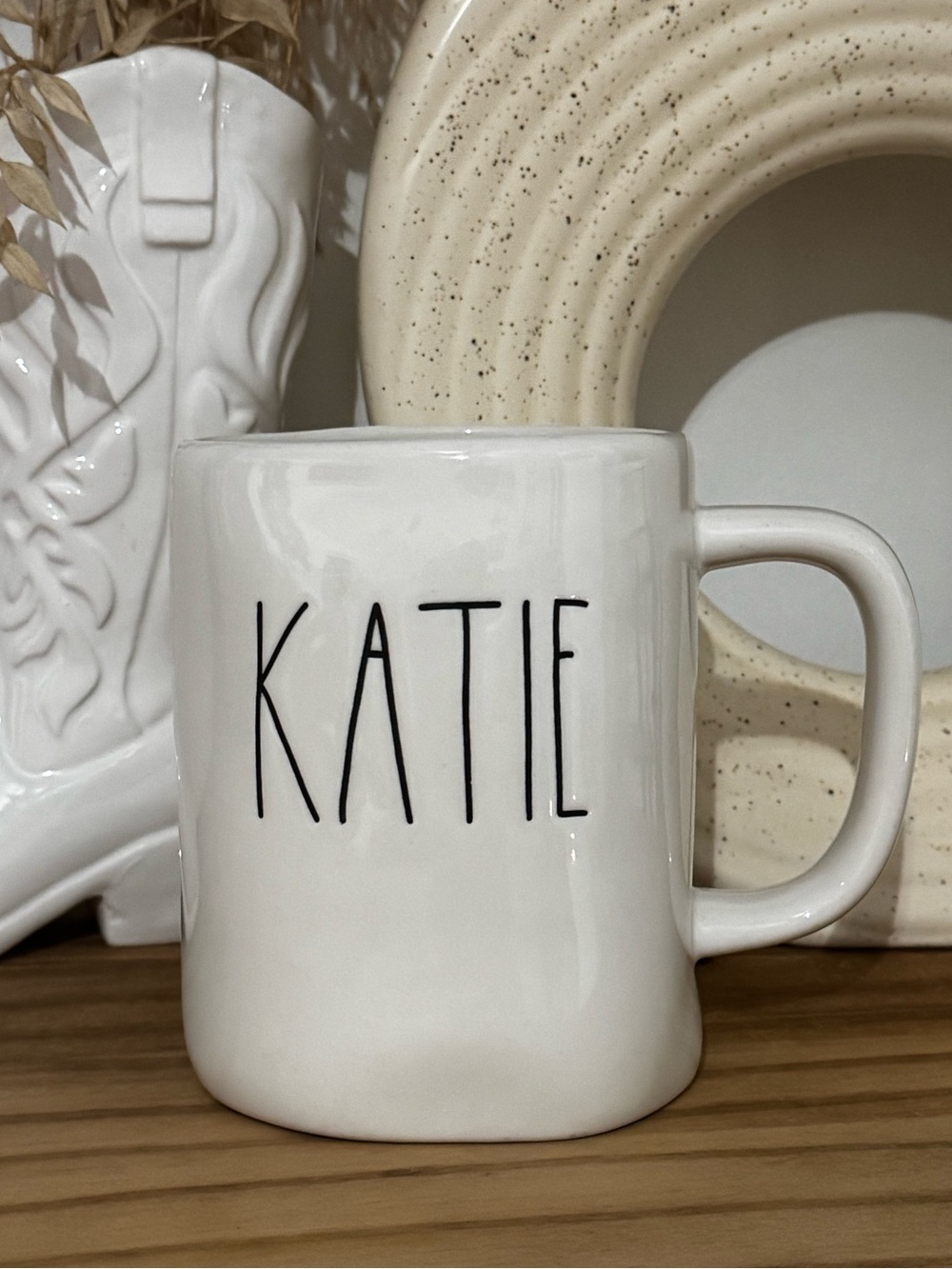 Rae Dunn white Ceramic Mug with “KATIE Text”